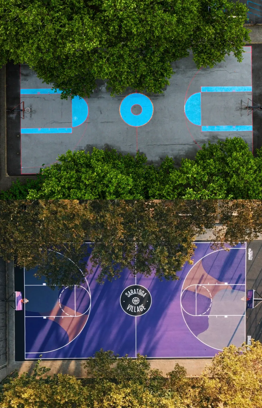 Two aerial views of the same Saratoga Village court stacked vertically: above, cracked grey asphalt with faded blue paint; below, a finished purple court with white lines and a Saratoga Village badge at center